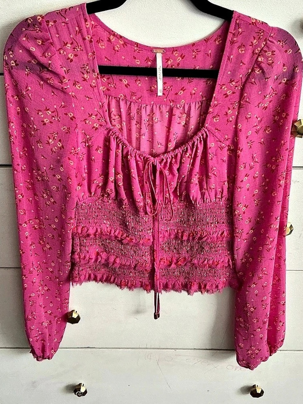 Free People Smocked In Love Long Sleeve Top Floral Pink XS